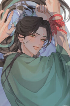 2boys absurdres bindi black_hair blush bound bound_wrists chinese_clothes clenched_hand closed_mouth curled_fingers curtained_hair eyelashes facial_mark forehead_mark furrowed_brow green_eyes green_hanfu haed_u hair_bun half_updo hanfu highres implied_yaoi long_hair looking_at_viewer luo_binghe lying male_focus multiple_boys on_side out_of_frame parted_bangs pov pov_hands pursed_lips renzha_fanpai_zijiu_xitong ribboned_xiao_guan shade shadow shen_qingqiu single_hair_bun sweatdrop twitter_username upper_body v-shaped_eyebrows white_background wide_sleeves xiao_guan_(headdress)