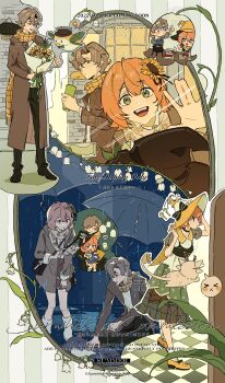 1boy 1girl absurdres blue_eyes brown_coat brown_hair character_request coat copyright_request flower hat highres holding orange_hair scarf short_hair sunflower test_tube umbrella waving xiabai