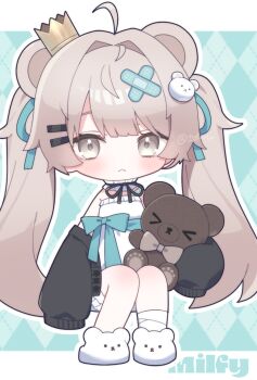 1girl ahoge akikan_sabako animal_ears argyle_background artist_name bandaged_leg bandages bandaid bandaid_hair_ornament bare_shoulders bear_ears bear_girl black_cardigan black_choker blue_background blue_ribbon blush bow brown_eyes brown_hair cardigan character_name chibi chibi_only choker closed_mouth commentary_request crown dress frilled_choker frills full_body green_bow hair_intakes hair_ornament hair_ribbon highres letterboxed long_hair long_sleeves looking_at_viewer milfy_(vrchat) off_shoulder open_cardigan open_clothes outline outside_border ribbon ribbon_choker shorts sleeves_past_fingers sleeves_past_wrists slippers solo stuffed_animal stuffed_toy teddy_bear twintails vrchat white_dress white_outline white_shorts white_slippers
