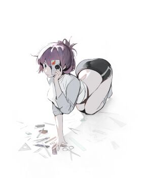 1girl absurdres all_fours arm_support black_shorts blue_eyes boxcutter breasts camera closed_mouth compass_(instrument) dolphin_shorts eraser folded_ponytail highres holding holding_camera kanji_(nievart) large_breasts looking_at_viewer marker monogatari_(series) no_shoes one_eye_covered pen purple_hair ruler scissors senjougahara_hitagi set_square short_shorts shorts simple_background sleeves_pushed_up smile socks solo stapler stationery sticker sweater white_background white_socks white_sweater