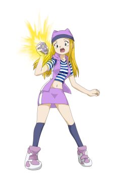 Rule 34 | 1girl, absurdres, aura, blonde hair, breasts, commission, digimon, digimon frontier, digivice, flashing, glowing, hat, highres, long hair, mainkore, mankor, navel, orimoto izumi, skirt, solo, third-party edit