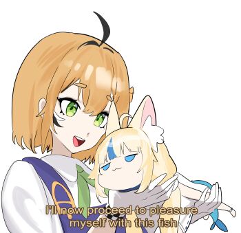 Rule 34 | 2girls, absurdres, ahoge, animal ear fluff, animal ears, blonde hair, blue eyes, blue hair, blue overalls, cat ears, daaku (koizumi arata), dooby, dooby (1st costume), fins, fish girl, fish tail, green eyes, highres, i'll now proceed to pleasure myself with this fish (meme), indie virtual youtuber, meme, multicolored hair, multiple girls, overalls, sameko saba, shirt, streaked hair, subtitled, tail, teeth, upper teeth only, virtual youtuber, white shirt