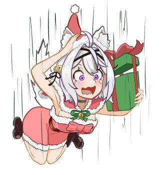1girl ahoge alternate_costume animal_ear_fluff animal_ears arm_up armpits blush boots box brown_boots capelet cat_ears cat_girl cat_tail christmas_present commentary dress english_commentary eyelashes falling filian_(vtuber) full_body fur-trimmed_capelet fur-trimmed_dress fur-trimmed_headwear fur_trim gift hair_intakes hand_on_headwear hat highres holding holding_box holding_gift indie_virtual_youtuber motion_lines open_mouth purple_eyes red_capelet red_dress red_hat santa_costume santa_dress santa_hat shou_furuhashi simple_background solo tail virtual_youtuber wavy_mouth white_background white_hair
