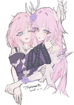 2girls armlet artist_name bare_shoulders blue_eyes blue_gemstone blush collarbone cyrene_(aedes_elysiae)_(honkai:_star_rail) cyrene_(honkai:_star_rail) cyrene_(ripples_of_past_reverie)_(honkai:_star_rail) dated dress dual_persona flower gem gold_armlet gold_necklace hair_between_eyes hair_branch hair_flower hair_ornament hand_up hashtag-only_commentary honkai:_star_rail honkai_(series) hug hug_from_behind jacket jewelry leaf_hair_ornament long_hair long_sleeves looking_at_another multiple_girls necklace off-shoulder_dress off-shoulder_jacket off_shoulder official_alternate_costume official_alternate_hairstyle one_eye_closed open_mouth pink_eyes pink_hair pointy_ears purple_flower purple_jacket selfcest short_hair short_sleeves simple_background smile taykrome upper_body white_background white_dress wide_sleeves yuri