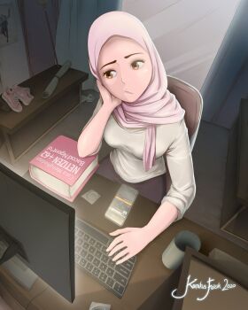 book chair computer cup desk highres hijab komikus_fasik looking_at_screen monitor phone poster_(object) room screen shirt shoes sitting watermark