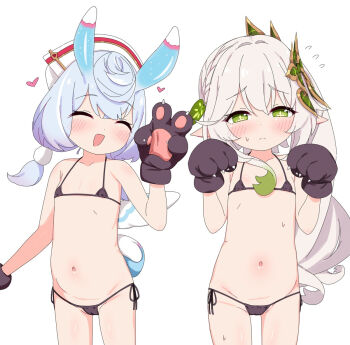 2girls animal_hands azbchan1221 bikini black_bikini blue_hair blush closed_eyes flat_chest genshin_impact gloves green_eyes hair_ornament loli long_hair micro_bikini multiple_girls nahida_(genshin_impact) navel paw_gloves pointy_ears side-tie_bikini_bottom side_ponytail sigewinne_(genshin_impact) simple_background swimsuit white_background white_hair
