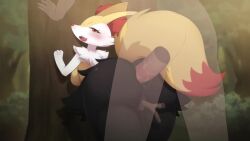1boy 1girl against_tree anal animal_ears animated anus ass bent_over blush bouncing_breasts braixen breasts cum cum_in_ass ejaculation fox_ears fox_girl fox_tail furry furry_female furry_with_non-furry gen_6_pokemon hetero highres interspecies kamuo large_breasts moaning nintendo object_insertion oolay-tiger_(voice_actor) open_mouth outdoors penis pokemon pokemon_(creature) pokephilia pussy red_eyes sex sex_from_behind sound standing standing_sex stick tagme tail tree uncensored vaginal vaginal_object_insertion video