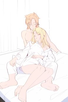 Rule 34 | 1boy, 1girl, bare pectorals, blonde hair, brown hair, closed eyes, highres, husband and wife, mushoku tensei, on bed, pants, paul greyrat, pectorals, shirt, sleeping, smile, takumishimizu96, white pants, white shirt, zenith greyrat