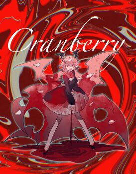 1girl absurdres black_dress blood blood_from_mouth blood_on_face cranber_(funamusea) demon_girl dress funamusea haiiro_teien highres looking_at_viewer pink_background pink_eyes pink_hair ro036 solo