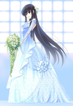 black_eyes black_hair bridal_veil commentary_request dress ever_17 flower from_side hair_flower hair_ornament holding holding_flower komachi_tsugumi long_hair takigawa_yuu veil wedding_dress white_dress
