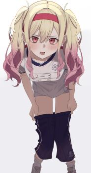 1girl absurdres bare_arms blonde_hair blue_shorts blush breasts clothes_pull commentary_request feet_out_of_frame gradient_hair gym_shirt gym_shorts gym_uniform hair_between_eyes hair_intakes hairband highres leaning_forward long_hair looking_at_viewer lower_teeth_only multicolored_hair name_tag nemu_(jdgz3357) open_mouth partial_commentary pink_eyes pink_hair project_sekai red_hairband shirt short_sleeves shorts shorts_pull sidelocks simple_background socks solo standing t-shirt teeth tenma_saki tongue twintails white_background white_shirt white_socks
