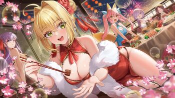 Rule 34 | 5girls, absurdres, bb (fate), blonde hair, blue dress, breasts, china dress, chinese clothes, chinese commentary, chopsticks, cleavage, cleavage cutout, clothing cutout, commentary request, desk, dress, dutch angle, fate/grand order, fate (series), fireworks, food, fur trim, green eyes, happy new year, highres, holding, holding chopsticks, leonardo da vinci (fate), looking at viewer, mash kyrielight, multiple girls, nero claudius (fate), new year, pink hair, purple hair, red dress, shenqi xiao hong zai nali, tamamo no mae (fate), twintails