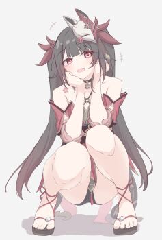+++ 1girl :d bare_shoulders bell black_choker blush brown_hair choker commentary commentary_request criss-cross_halter detached_sleeves dress feet flower_tattoo fox_mask full_body hair_bell hair_ornament halterneck hands_on_own_cheeks hands_on_own_face happy highres honkai:_star_rail honkai_(series) long_hair looking_at_viewer mark_under_both_eyes mask mask_on_head neck_bell open_mouth pink_eyes red_dress red_sleeves sandals simple_background smile solo sparkle_(honkai:_star_rail) squatting straight-on tattoo tofu_thunder twintails white_background