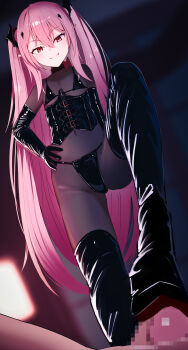 1boy 1girl absurdres black_boots black_corset black_gloves black_thighhighs bodystocking bondage_outfit boots breasts censored commentary_request corset dominatrix elbow_gloves femdom gloves hand_on_own_hip highres katsuten krul_tepes long_hair looking_at_viewer mosaic_censoring navel owari_no_seraph penis pink_hair pointy_ears red_eyes shiny_clothes slit_pupils small_breasts thigh_boots thighhighs two_side_up very_long_hair