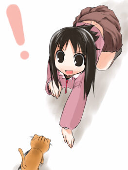 Rule 34 | !, 1girl, all fours, atoshi, azumanga daiou, bad id, bad pixiv id, black eyes, black hair, cat, female focus, kasuga ayumu, long hair, maya (azumanga), mayaa (azumanga daioh), school uniform, serafuku, solo, white background