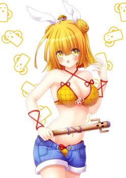 bikini bikini_top_only blonde_hair blush breasts cleavage double_bun hair_bun hair_ribbon haniwa_(statue) highres joutouguu_mayumi large_breasts medium_hair navel open_fly open_mouth osashin_(osada) ribbon shorts swimsuit touhou yellow_bikini yellow_eyes