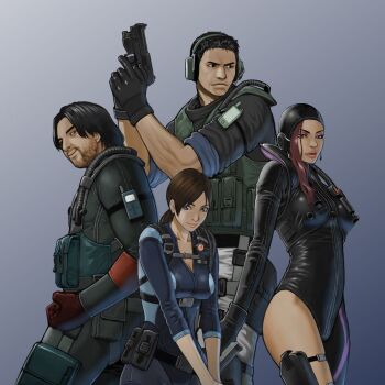 Rule 34 | 2boys, 2girls, 5tatsu, beard stubble, black bodysuit, black gloves, black hair, black hood, blue wetsuit, bodysuit, breasts, brown hair, bulletproof vest, chest harness, chris redfield, cleavage, clenched hand, earrings, facial hair, gloves, grey background, gun, handgun, harness, headphones, highres, holding, holding gun, holding weapon, holster, hood, hood up, jessica sherawat, jewelry, jill valentine, long hair, low ponytail, medium breasts, multiple boys, multiple girls, parker luciani, parted bangs, ponytail, red gloves, resident evil, resident evil: revelations, short hair, single bare leg, smile, stubble, thigh holster, weapon