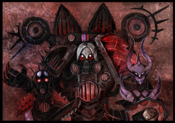 1girl 2boys adeptus_astartes armor buckler chainsword chaos_(warhammer) chaos_space_marine colored_sclera colored_skin commentary daemon_(warhammer) daemonette demon_girl demon_horns emperor&#039;s_children english_commentary fresco gas_mask holding holding_weapon horns jetpack lost_and_the_damned_(warhammer_40k) mask medium_hair multiple_boys pointy_ears power_armor shield shoulder_armor slaanesh_(symbol) spiked_gauntlets teeth torturer_(td_vice) warhammer_40k weapon white_hair