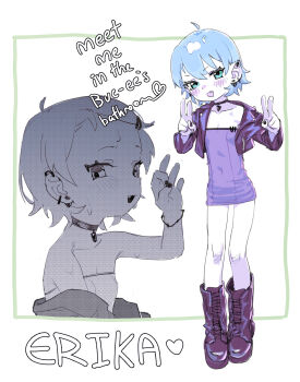 1girl aqua_eyes blue_dress blue_hair boots breasts choker cleavage double_v dress earrings erika_(kusa_mori) fang fellatio_gesture highres jewelry kusamori original petite piercing short_hair simple_background small_breasts v white_background