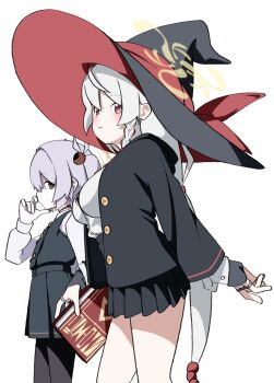 Rule 34 | 2girls, black hat, black jacket, black pantyhose, black skirt, blue archive, book, breasts, closed mouth, dress, eri (blue archive), from side, grey hair, halo, hat, highres, holding, holding book, jacket, kanoe (blue archive), large breasts, long hair, long sleeves, looking at viewer, looking to the side, miyamura (mymr06), multiple girls, orange halo, pantyhose, pinafore dress, pleated skirt, shirt, simple background, skirt, sleeveless, sleeveless dress, smile, white background, white hair, white shirt, witch hat, yellow halo