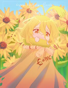 1girl ahoge antenna_hair antennae birthday blonde_hair blue_sky brown_eyes cape character_name closed_mouth commentary_request curly_hair dr._stone e=mc2_(equation) field flower flower_field food fruit hair_between_eyes happy_birthday highres looking_at_viewer medium_hair orange_eyes outdoors rope rope_around_neck short_hair sky smile solo suika_(dr.stone) sunflower torn_clothes twitter_username watermelon white_rope yellow_cape yellow_flower yimuno