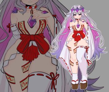 1girl asymmetrical_legwear breasts breasts_apart cleavage covered_erect_nipples crown detached_sleeves eyebrows_hidden_by_hair eyelashes grey_background hand_on_own_chest high_heels hololive hololive_english holostars holostars_english japanese_clothes jewelry koseki_bijou long_hair looking_at_viewer miko peagade platform_clogs purple_eyes purple_hair revealing_clothes small_breasts smile standing talisman thick_thighs thighs very_long_hair virtual_youtuber wide_hips