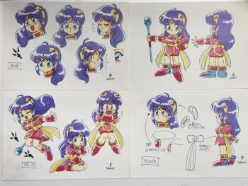 1990s_(style) 1girl :/ ^_^ anise_(pop&#039;n_magic) armor arrow_(symbol) artist_name blue_eyes boots bow closed_eyes closed_mouth commentary_request cropped_head doyagao dress fangs finger_in_own_mouth fingerless_gloves flying_sweatdrops forehead_jewel from_behind from_side full_body gloves hair_ornament hand_up hands_up highres holding holding_staff kokomahi long_hair looking_at_viewer looking_up multiple_expressions multiple_views official_art one_eye_closed open_mouth pink_dress pink_tabard pop&#039;n_magic purple_hair raised_inner_eyebrows red_boots red_gloves reference_sheet retro_artstyle sash shoulder_armor single_tear sitting smile smug staff standing surprised sweatdrop tabard traditional_media wariza white_background wide-eyed yellow_bow yellow_sash
