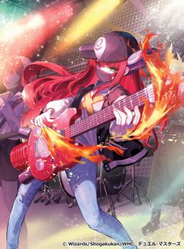 1girl baseball_cap black_hat black_jacket black_mask copyright_notice denim dqn_(dqnww) dragon_musume_ni_naritakunai! drum drum_set duel_masters fire green_eyes guitar hair_ornament harusaki_eiku hat holding holding_guitar holding_instrument instrument jacket jeans letterman_jacket long_hair music official_art pants playing_instrument print_shirt red_hair shirt stage stage_lights very_long_hair white_shirt