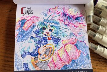 1boy 1girl absurdres antenna_hair art_tools_in_frame blue_eyes blue_hair blue_hood buddhist_nun chakram commentary_request highres holding holding_weapon kesa kumoi_ichirin long_hair long_sleeves open_mouth photo_(medium) smile suteruko touhou traditional_media unzan weapon