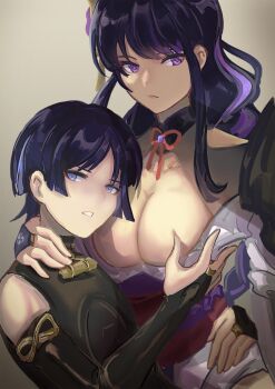 1boy 1girl absurdres armor black_bodysuit black_bridal_gauntlets black_shrug blunt_bangs blunt_ends bodysuit breasts bridal_gauntlets brown_background cleavage closed_mouth collarbone eyeliner eyeshadow genshin_impact gold_ring grabbing_another's_breast groping hand_on_another's_hip hand_on_another's_neck highres japanese_armor japanese_clothes kimono kote kurokote long_hair looking_at_viewer makeup middle_ring mitsudomoe_(shape) mole mole_under_eye momogourami mother_and_son multicolored_hair obi obiage obijime open_mouth parted_bangs pink_lips purple_eyes purple_kimono purple_sleeves raiden_shogun red_eyeliner red_eyeshadow sash scaramouche_(genshin_impact) short_sleeves shrug_(clothing) sidelocks single_sode streaked_hair string swept_bangs tomoe_(symbol) tsurime wanderer_(genshin_impact) white_mouth