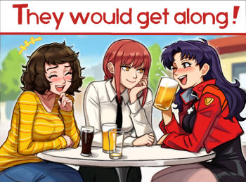 +++ 3girls alcohol beer beer_mug black_dress black_hair black_necktie blush breasts chainsaw_man closed_eyes collared_shirt cross cross_necklace crossover cup day dress english_text holding holding_cup jacket jewelry katsuragi_misato kawakami_sadayo long_sleeves makima_(chainsaw_man) mug multiple_crossover multiple_girls necklace necktie neggoartz neon_genesis_evangelion one_eye_closed open_mouth orange_eyes outdoors persona persona_5 purple_hair red_hair red_jacket shirt sitting skirt striped_clothes striped_shirt table white_shirt