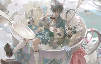 Rule 34 | 1boy, absurdres, alternate costume, animal ears, ascot, blue eyes, blue hair, blue jacket, blue shorts, bow, cat ears, cat tail, ciel phantomhive, closed mouth, collar, commentary, cup, cupcake, eyepatch, food, food on face, fork, frilled collar, frills, fruit, gloves, hair between eyes, hat, highres, holding, holding fork, holding plate, in container, in cup, jacket, kemonomimi mode, kneehighs, kuroshitsuji, male focus, mini hat, neptune hi, plate, red bow, short hair, shorts, sitting, socks, solo, strawberry, stuffed animal, stuffed rabbit, stuffed toy, tail, teacup, teacup hat, tongue, tongue out, white ascot, white gloves, white socks