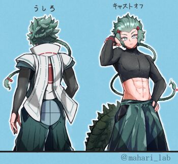 1boy abs absurdres apron artist_name blue_background bodysuit braid braided_ponytail bridal_gauntlets cosplay godzilla godzilla:_planet_of_the_monsters godzilla_(cosplay) godzilla_(series) godzilla_earth green_eyes green_hair highres humanization japanese_text kaiju looking_at_viewer mahari_lab midriff monster monster_boy muscular muscular_arms muscular_male navel personification polygon_pictures ponytail simple_background slit_pupils spikes stinger tail tail_blade toho