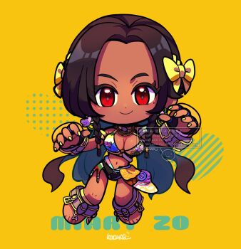 1girl anklet barefoot bow breasts brown_hair chibi chibi_only closed_mouth commentary_request eyelashes full_body hair_bow highres jewelry kotorai large_breasts long_hair looking_at_viewer miary_zo midriff mole mole_under_eye navel red_eyes smile solo tekken tekken_8 very_long_hair yellow_background yellow_bow yellow_nails