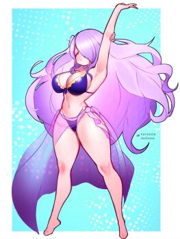 1girl arm_up armpits barefoot bikini blue_background blush breasts camilla_(fire_emblem) camilla_(tropical_beauty)_(fire_emblem) cleavage closed_eyes fire_emblem fire_emblem_fates fire_emblem_heroes flower hair_flower hair_ornament hair_over_one_eye jaxdrawz large_breasts long_hair navel nintendo o-ring o-ring_bikini official_alternate_costume one_eye_closed purple_bikini purple_hair purple_sarong sarong see-through_clothes simple_background solo stretching swimsuit wavy_hair white_flower