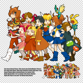1990s_(style) 6+girls akazukin_chacha arle_nadja armor bad_id bad_pixiv_id bandeau bare_legs bird bishoujo_senshi_sailor_moon black_eyes black_hair blob blonde_hair blue_eyes blue_skirt blunt_bangs bob_cut boots bow braid brown_hair carbuncle_(puyopuyo) cardcaptor_sakura chacha chacha_(akazukin_chacha) checkered_background chibi_usa child company_connection cone_hair_bun creature crossover dark-skinned_female dark_skin dress epaulettes frills fushigi_no_umi_no_nadia fuuin_no_tsue gainax gipple gloves hair_bow hair_bun half_updo haneoka_meimi harukaze_doremi haruo_(clownberry) hat head_wings highres hug hug_from_behind j.c._staff josette_(wonder_project) ka-kun kaitou_jeanne kaitou_saint_tail kamikaze_kaitou_jeanne kerberos kero_(cardcaptor_sakura) king king_(nadia) kinomoto_sakura kinomoto_sakura_(magician) knee_boots kukuri_(mahoujin_guruguru) kusakabe_maron lana_(mirai_shounen_conan) lina_inverse lion loincloth looking_at_another luna-p madhouse madou_monogatari magic_knight_rayearth magical_girl magical_princess mahoujin_guruguru mirai_shounen_conan mokona multiple_crossover multiple_girls musical_note nadia_la_arwall nanami_simpson nanatsu_no_umi_no_tico nippon_animation ojamajo_doremi one_eye_closed open_mouth pantyhose pauldrons pink_hair pink_hat pino_(wonder_project) princess_silver puyo_(puyopuyo) puyopuyo red_eyes red_hair red_legwear retro_artstyle robe sailor_chibi_moon saint_tail sandals shidou_hikaru shoujo_kakumei_utena shoulder_armor skirt slayers smile staff strapless studio_gallop tenjou_utena tms_entertainment toei_company tube_top twintails vest walking wings wink wonder_project_j2 yellow_legwear yume_no_crayon_oukoku