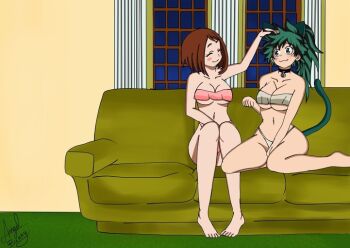 2girls angelbunny animal_ears artist_name barefoot blush_stickers boku_no_hero_academia breasts brown_hair cat_ears cat_girl cat_tail cleavage collarbone couch curtains female_focus freckles genderswap genderswap_(mtf) green_eyes green_hair head_pat indoors izuocha large_breasts long_hair midoriya_izuku multiple_girls navel neck_bell short_hair sidelocks source_request tail uraraka_ochako window yuri