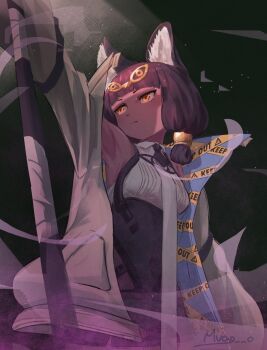 1girl animal_ears arknights armpits black_hair breasts cat_ears cat_girl caution_tape coat commentary cowboy_shot dark-skinned_female dark_skin expressionless highres holding holding_staff long_sleeves mugo open_clothes open_coat signature solo staff titi_(arknights) yellow_eyes