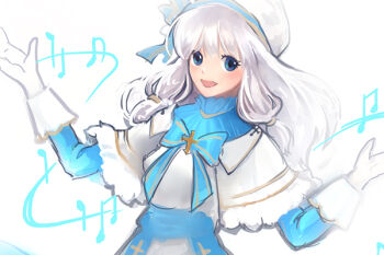 Rule 34 | 1girl, adapted costume, arch bishop (ragnarok online), blue bow, blue bowtie, blue dress, blue eyes, blush, bow, bowtie, capelet, commentary request, cross, dress, gloves, gobaku no hito, hands up, hat, long hair, looking at viewer, musical note, open mouth, ragnarok masters, ragnarok online, simple background, smile, solo, upper body, white background, white capelet, white gloves, white hair, white hat