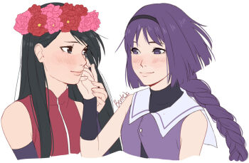 2girls artist_name benteja black_eyes black_hair blush boruto:_naruto_next_generations braid braided_ponytail crying flower hair_flower hair_ornament hand_on_another's_cheek hand_on_another's_face head_wreath kakei_sumire long_hair looking_at_another multiple_girls naruto_(series) purple_hair sailor_collar uchiha_sarada white_background yuri