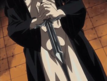 00s 1girl 2002 animated animated_gif basement bible_black bible_black_gaiden blood breasts cloak closed_eyes large_breasts lowres purple_eyes red_hair ritual robe summoning tagme takashiro_hiroko weapon