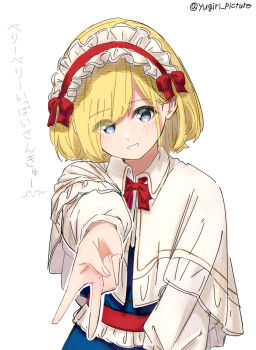 1girl alice_margatroid alternate_costume blonde_hair blue_dress blue_eyes blush bob_cut bow bowtie capelet commentary dress fingernails foreshortening frilled_hairband frills gyaru_v hairband head_tilt highres long_sleeves looking_at_viewer red_bow red_bowtie red_hairband shirt short_hair smile solo touhou translation_request twitter_username upper_body v white_capelet white_shirt yugiri_(yugiri_picture)