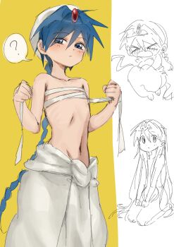 Rule 34 | 1boy, ?, absurdres, aladdin (magi), arabian clothes, baggy pants, bandaged chest, blue eyes, blue hair, blush, braid, forehead jewel, hair down, hands up, harem pants, highres, kneeling, long hair, magi the labyrinth of magic, male focus, multiple views, navel, pants, sanmenkyou, seiza, simple background, single braid, sitting, sketch, speech bubble, spoken question mark, turban, upper body, white pants, white turban, yellow background