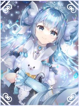 Rule 34 | 1girl, animal, aqua eyes, aqua hair, aqua nails, blue dress, breasts, closed mouth, collarbone, commentary, detached collar, dress, earrings, fortissimo, frilled dress, frills, gold trim, hair between eyes, hair ornament, hatsune miku, highres, holding, holding animal, hug, hug from behind, jewelry, light blush, long hair, musical note, musical note hair ornament, official alternate costume, official alternate hairstyle, rabbit yukine, rainbow nekoneko, small breasts, smile, snowflake background, snowflake hair ornament, strapless, strapless dress, twintails, very long hair, vocaloid, white rabbit (animal), white tiara, yuki miku, yuki miku (2019)