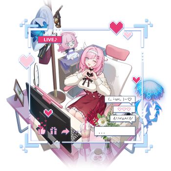 1girl bad_link blue_eyes bright_pupils chair character_doll chinese_commentary commentary_request computer computer_keyboard desk doll dress drinking_straw elf_elysia elysia_(honkai_impact) flower gun hair_ornament hairband hairclip hat heart heart_hands honkai_(series) honkai_impact_3rd jewelry light_blush long_sleeves looking_at_viewer musical_note off-shoulder_dress off_shoulder official_alternate_costume official_art on_chair one_eye_closed open_mouth picture_frame pink_hair pink_pupils smile transparent_background weapon white_hairband white_hat