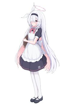 1girl absurdres alternate_costume apron black_eyes black_hairband blue_archive blush braid colored_inner_hair hair_over_one_eye hairband halo highres holding holding_tray long_hair maid maid_apron multicolored_hair pantyhose pink_hair plana_(blue_archive) red_halo shirayui_(shirakawaui) side_braid single_braid solo tray very_long_hair white_hair white_pantyhose