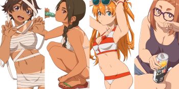 4girls abenobashi_mahou_shoutengai aonori_misuji asahina_arumi braid breasts bright_pupils brown_eyes brown_hair crossover feet glasses highres kaii_to_otome_to_kamikakushi large_breasts long_hair looking_at_viewer make_heroine_ga_oo_sugiru! medium_breasts mole mole_under_eye multiple_girls navel neon_genesis_evangelion ogawa_sumireko one-piece_tan open_mouth rebuild_of_evangelion red_eyes sandals short_eyebrows short_hair simple_background small_breasts smile souryuu_asuka_langley swimsuit tan tank_top tanline thick_eyebrows twin_braids white_background yakishio_lemon