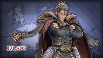 1boy 3d belt blonde_hair blue_eyes brown_hair clothes coat facial_hair gloves highres jacket klaus_walz looking_at_viewer male_focus map military military_uniform official_art official_wallpaper sega senjou_no_valkyria_(series) senjou_no_valkyria_4 shirt short_hair smile solo standing