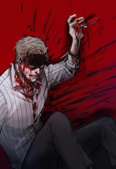 Rule 34 | 1boy, 2mm owo, arm up, balisong, black pants, blonde hair, blood, blood on clothes, blood on face, blood on hands, brown eyes, collared shirt, commentary, ethan winters, glaring, hashtag-only commentary, jitome, knife, looking ahead, male focus, pants, parted lips, partially shaded face, red background, resident evil, resident evil village, shirt, sitting, sleeve cuffs, solo, stab, striped clothes, striped shirt, teeth, white shirt, wing collar