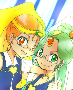 10s 2girls bindi choker earrings forehead_jewel glasses green_eyes green_hair green_haired_cure_(wonderful_net_precure)_(happinesscharge_precure!) hair_ornament hair_ribbon happinesscharge_precure! jewelry long_hair multiple_girls orange_haired_cure_(wonderful_net_precure)_(happinesscharge_precure!) ponytail precure ribbon smile wonderful_net_precure